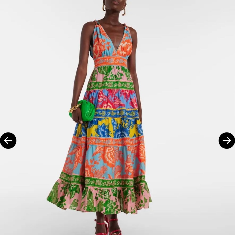 Farm Rio mix lace Printed tiered cotton midi dress